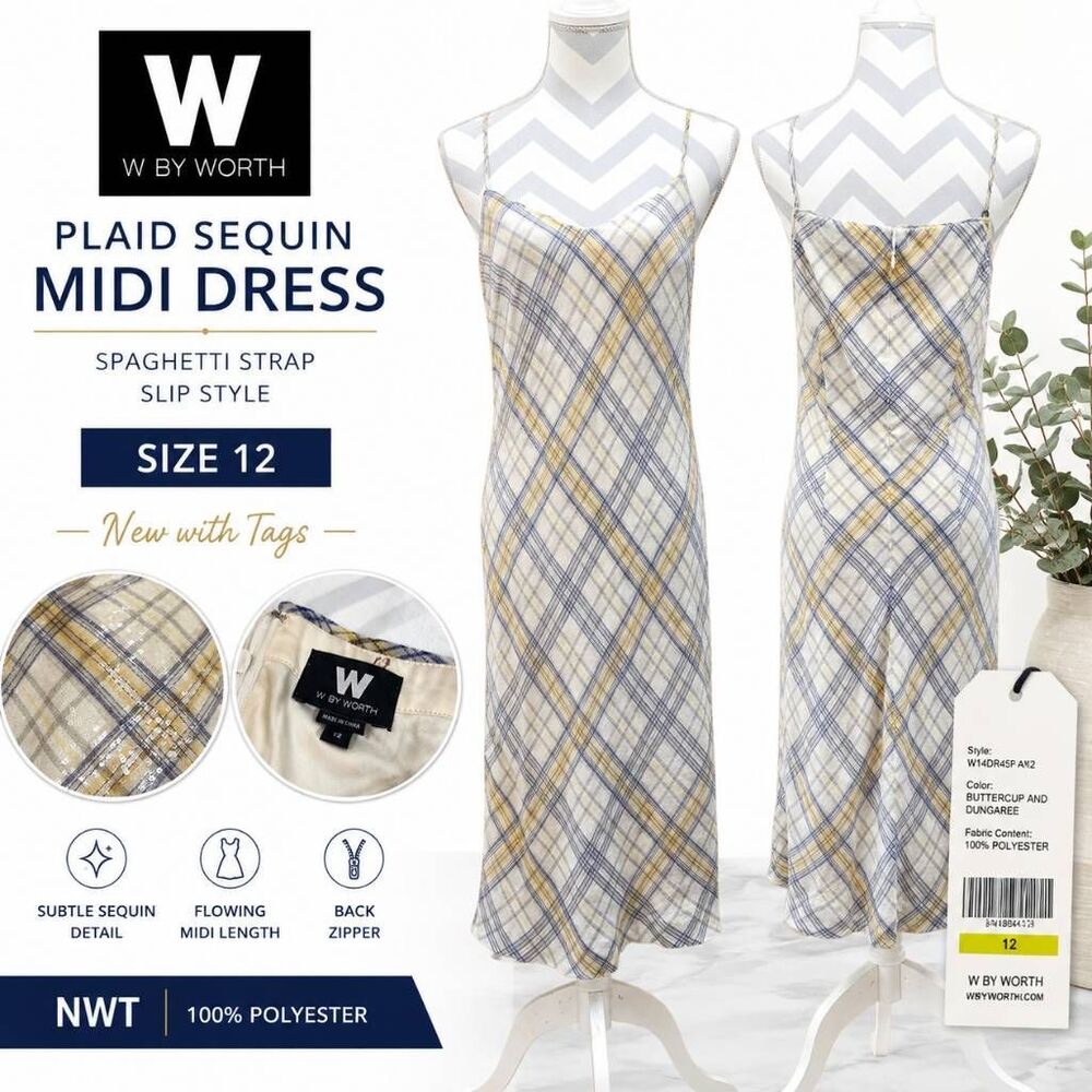 W by Worth Women’s Size 12 Plaid Sequin Spaghetti Strap Midi Dress NWT